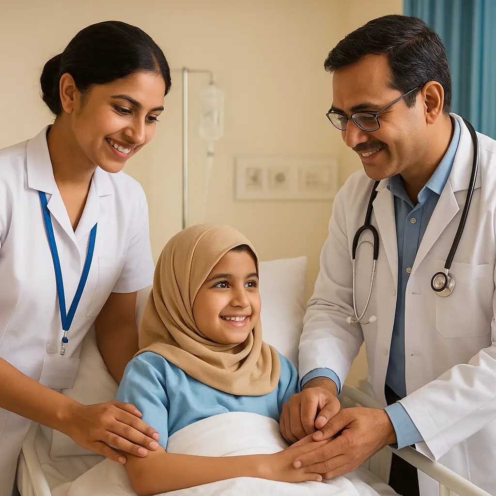 A smiling young girl wearing a hijab sits on a hospital bed while a doctor and nurse comfort her with reassuring smiles and gentle care.