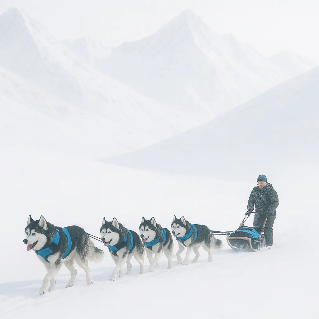 Huskies pulling a sled and helping a person travel through snowy mountains.