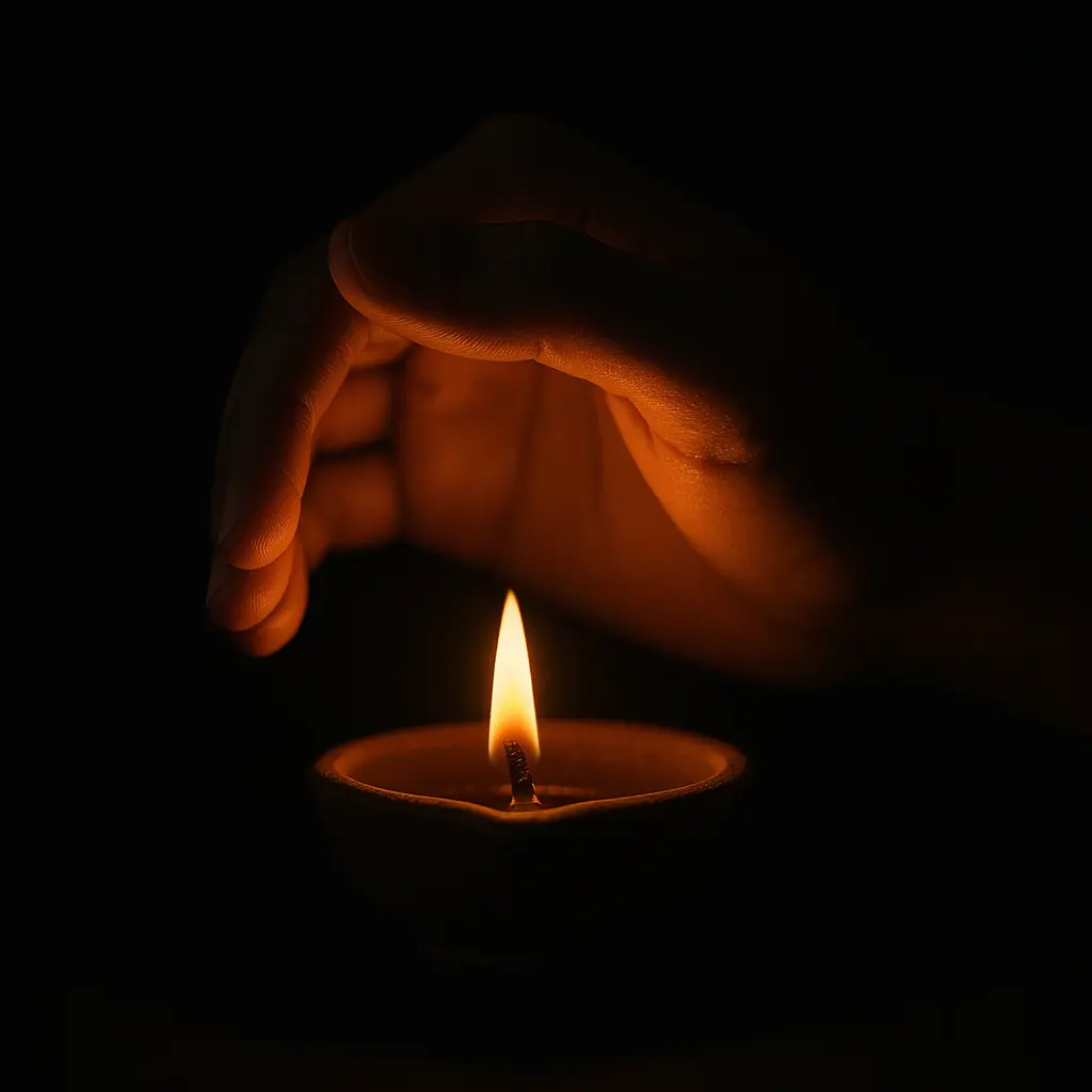 Hand gently shielding a small oil lamp flame in the dark.