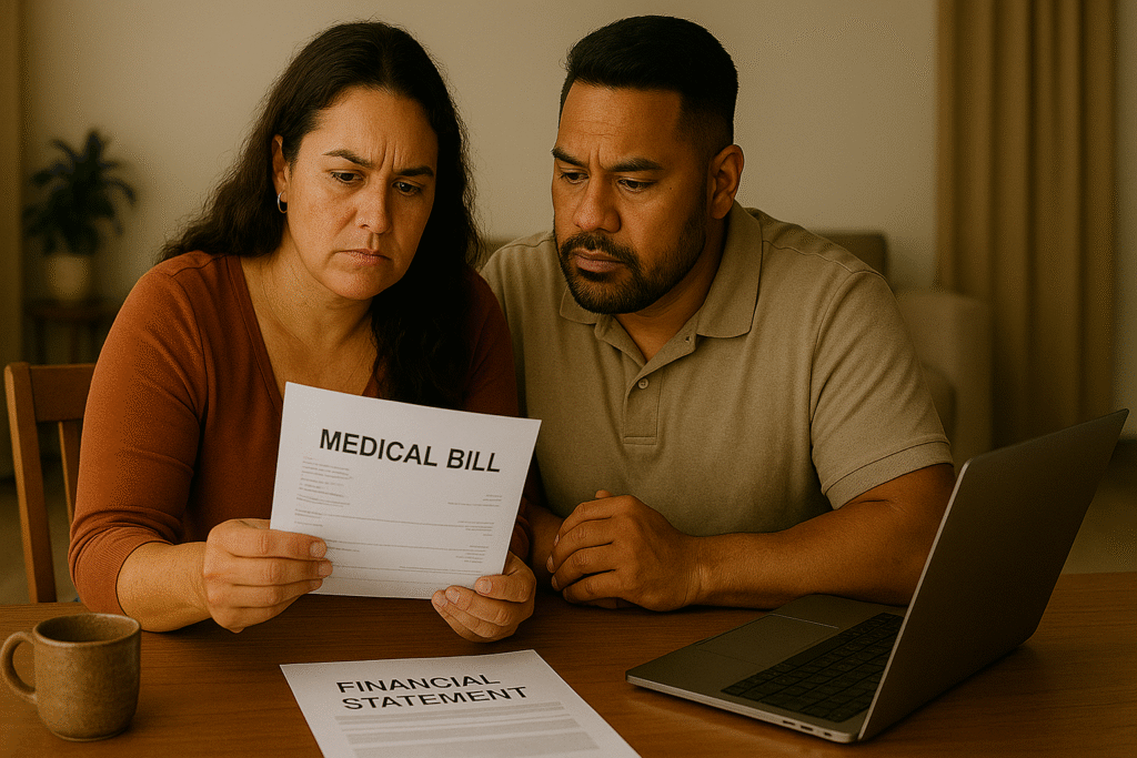A mixed Māori–Pākehā woman and her Pacific Islander husband sitting together at a wooden table, calmly reviewing a medical bill and financial statement on their laptop, symbolising thoughtful planning and partnership in managing healthcare decisions.